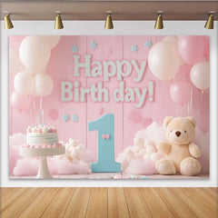 Lofaris Pink and Blue Happy 1st Birthday Party Backdrop with Balloons and Cake, Teddy Bear Baby Girl Decor