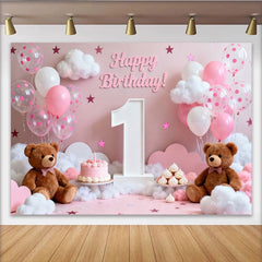 Lofaris Pink and White Happy 1st Birthday Party Backdrop with Teddy Bears and Balloons, Sweet Baby Girl Celebration Decor