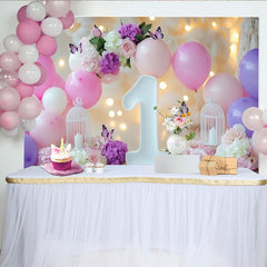 Lofaris Pink and Purple Balloons Flowers 1st Birthday Party Backdrop with Butterflies, Elegant Baby Girl Celebration