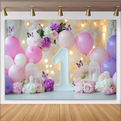 Lofaris Pink and Purple Balloons Flowers 1st Birthday Party Backdrop with Butterflies, Elegant Baby Girl Celebration