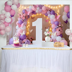 Lofaris Pink Purple White Balloons and Butterfly Floral Number One Party Backdrop, First Birthday Celebration Decor
