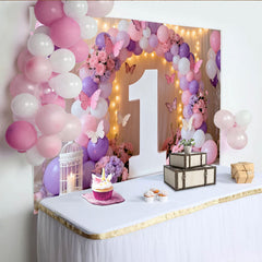 Lofaris Pink Purple White Balloons and Butterfly Floral Number One Party Backdrop, First Birthday Celebration Decor