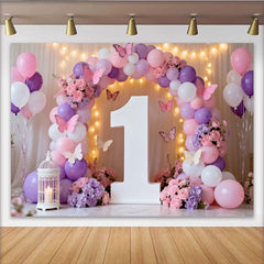 Lofaris Pink Purple White Balloons and Butterfly Floral Number One Party Backdrop, First Birthday Celebration Decor