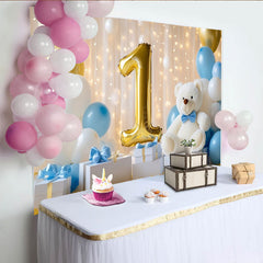 Lofaris Golden Number One and Teddy Bear First Birthday Party Backdrop, Blue White Balloons Celebration Decor