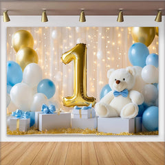 Lofaris Golden Number One and Teddy Bear First Birthday Party Backdrop, Blue White Balloons Celebration Decor