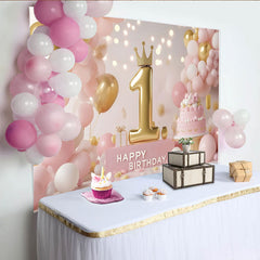 Lofaris Pink and Gold Princess First Birthday Party Backdrop with Crown Number 1 and Cake, Happy Birthday Decor