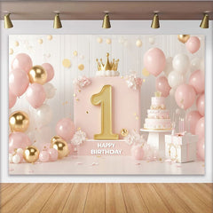 Lofaris Pink and Gold Happy First Birthday Party Backdrop with Golden Number One, Crown and Elegant Balloons Decor for Girls