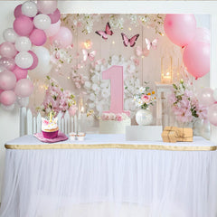 Lofaris Pink and White First Birthday Party Backdrop with Butterflies and Flowers, Elegant Baby Girl Celebration Decor