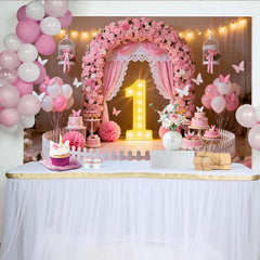 Lofaris Pink Floral Arch and Butterfly First Birthday Party Backdrop, Baby Girl 1st Birthday Celebration Decor