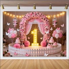 Lofaris Pink Floral Arch and Butterfly First Birthday Party Backdrop, Baby Girl 1st Birthday Celebration Decor