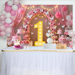 Lofaris Pink Floral Arch and Butterfly 1st Birthday Party Backdrop, Baby Girl Celebration, Dessert Table Decor