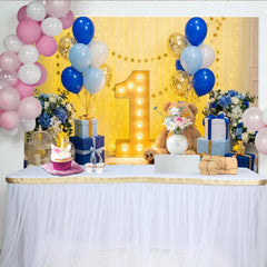 Lofaris Elegant Blue and Gold Balloons First Birthday Party Backdrop, Marquee Number One and Teddy Bear Decor