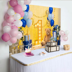 Lofaris Elegant Blue and Gold Balloons First Birthday Party Backdrop, Marquee Number One and Teddy Bear Decor