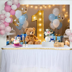 Lofaris Cute Teddy Bear and Gold Number One First Birthday Party Backdrop, Blue and White Balloons Photo Booth Decor