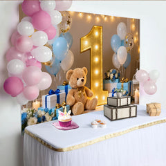 Lofaris Cute Teddy Bear and Gold Number One First Birthday Party Backdrop, Blue and White Balloons Photo Booth Decor