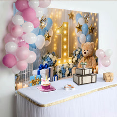 Lofaris Blue White and Gold Balloons First Birthday Party Backdrop, featuring a Teddy Bear and Stars