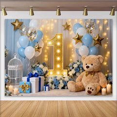Lofaris Blue White and Gold Balloons First Birthday Party Backdrop, featuring a Teddy Bear and Stars