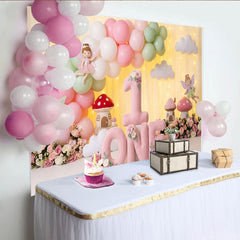 Lofaris Pink and Mint Green Fairy Garden First Birthday Party Backdrop, Whimsical Mushroom Houses and Balloons