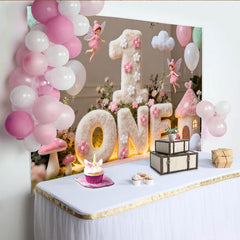 Lofaris Pink and White Fluffy ONE First Birthday Party Backdrop, Enchanted Fairy Garden Theme with Balloons and Mushrooms