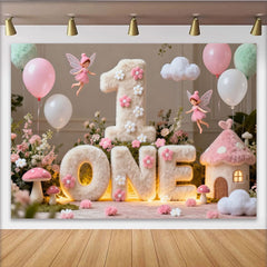 Lofaris Pink and White Fluffy ONE First Birthday Party Backdrop, Enchanted Fairy Garden Theme with Balloons and Mushrooms
