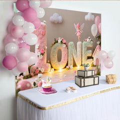 Lofaris Enchanted Fairy Garden First Birthday Party Backdrop, Fluffy Pastel ONE Letters with Flowers and Balloons