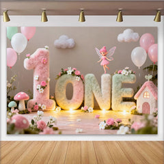 Lofaris Enchanted Fairy Garden First Birthday Party Backdrop, Fluffy Pastel ONE Letters with Flowers and Balloons