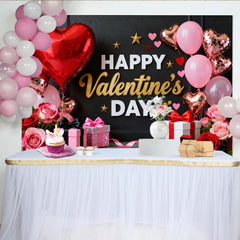Lofaris Black Gold Happy Valentine's Day Party Backdrop with Red Pink Hearts, Roses and Gifts for Romantic Celebration