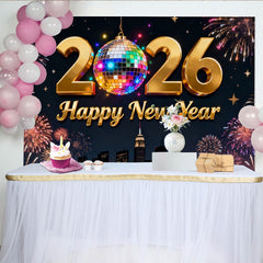 Lofaris Golden 2026 Happy New Year Party Backdrop with Disco Ball and Fireworks, New Year's Eve Celebration Decor