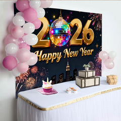 Lofaris Golden 2026 Happy New Year Party Backdrop with Disco Ball and Fireworks, New Year's Eve Celebration Decor