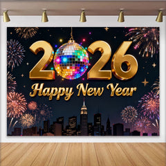 Lofaris Golden 2026 Happy New Year Party Backdrop with Disco Ball and Fireworks, New Year's Eve Celebration Decor