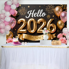 Lofaris Black and Gold Hello 2026 Happy New Year Party Backdrop with Pink Roses, Balloons, and Fireworks