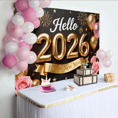 Lofaris Black and Gold Hello 2026 Happy New Year Party Backdrop with Pink Roses, Balloons, and Fireworks