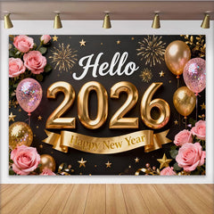 Lofaris Black and Gold Hello 2026 Happy New Year Party Backdrop with Pink Roses, Balloons, and Fireworks