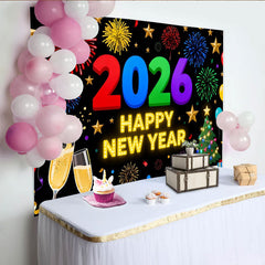 Lofaris Vibrant 2026 Happy New Year Party Backdrop with Champagne, Golden Stars and Festive Balloons Decor