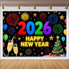 Lofaris Vibrant 2026 Happy New Year Party Backdrop with Champagne, Golden Stars and Festive Balloons Decor