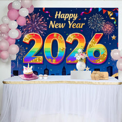 Lofaris Happy New Year 2026 Rainbow Gold Glitter Party Backdrop, Festive Fireworks City Celebration
