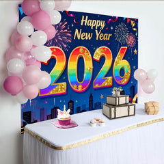 Lofaris Happy New Year 2026 Rainbow Gold Glitter Party Backdrop, Festive Fireworks City Celebration