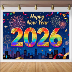 Lofaris Happy New Year 2026 Rainbow Gold Glitter Party Backdrop, Festive Fireworks City Celebration