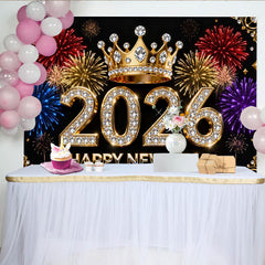 Lofaris Black Gold Diamond 2026 Happy New Year Party Backdrop with Crown and Colorful Fireworks, New Year's Eve Celebration