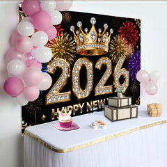 Lofaris Black Gold Diamond 2026 Happy New Year Party Backdrop with Crown and Colorful Fireworks, New Year's Eve Celebration