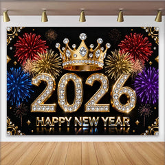 Lofaris Black Gold Diamond 2026 Happy New Year Party Backdrop with Crown and Colorful Fireworks, New Year's Eve Celebration