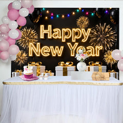 Lofaris Black and Gold Happy New Year Party Backdrop with Fireworks, Balloons and Gifts for Festive Celebration Decor