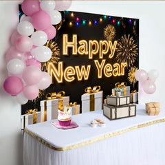 Lofaris Black and Gold Happy New Year Party Backdrop with Fireworks, Balloons and Gifts for Festive Celebration Decor