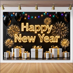Lofaris Black and Gold Happy New Year Party Backdrop with Fireworks, Balloons and Gifts for Festive Celebration Decor