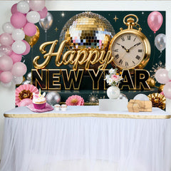 Lofaris Gold and Silver Happy New Year Party Backdrop with Disco Ball, Clock, and Balloons for Festive Celebration