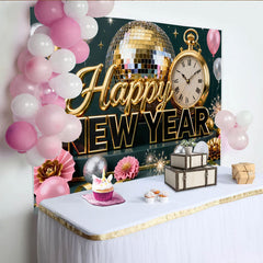 Lofaris Gold and Silver Happy New Year Party Backdrop with Disco Ball, Clock, and Balloons for Festive Celebration