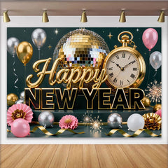 Lofaris Gold and Silver Happy New Year Party Backdrop with Disco Ball, Clock, and Balloons for Festive Celebration