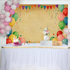 Lofaris Vibrant Balloons and Bunting Flags Party Backdrop, Vintage Brown Confetti for Birthday Celebration
