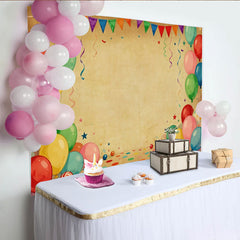 Lofaris Vibrant Balloons and Bunting Flags Party Backdrop, Vintage Brown Confetti for Birthday Celebration