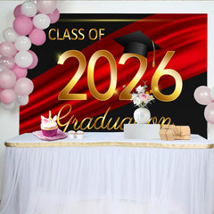 Lofaris Elegant Gold Class of 2026 Graduation Party Backdrop with Cap, Red and Black Celebration Decor for Graduates